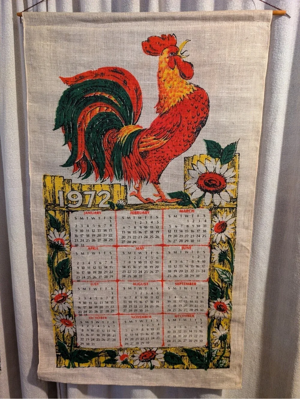 Vintage 1980 Floral Butterfly Linen Wall Calendar Hanging Textile